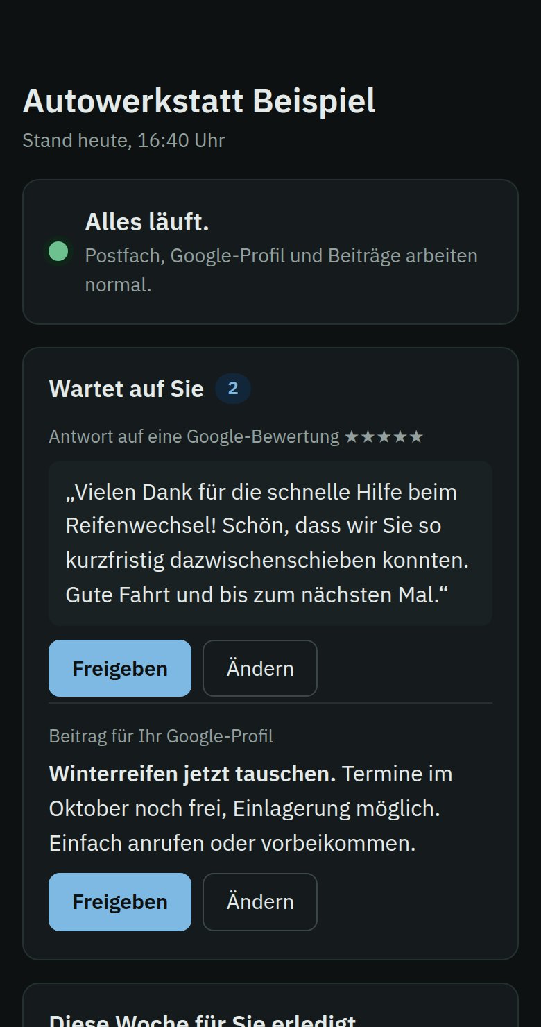 Leitstand auf dem Handy mit Beispieldaten: Alles läuft, zwei Vorgänge warten auf Freigabe, Wochenübersicht der erledigten Arbeit
